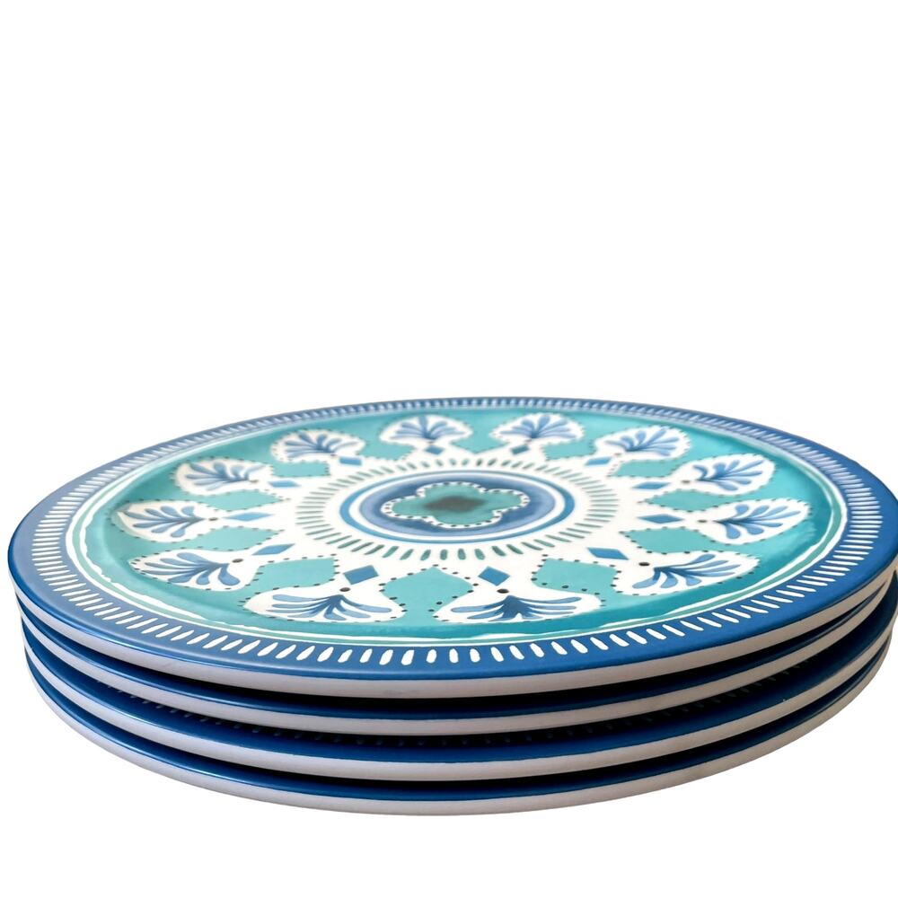 ACADIA HOME Melamine 10.5" Dinner Plates Set 4 Blue Teal White Iznik Print NEW - Picture 3 of 8